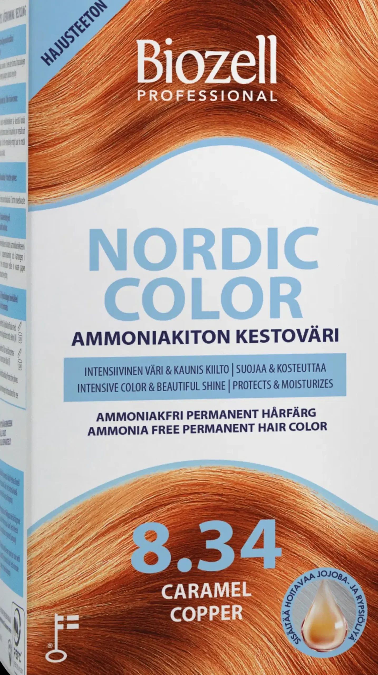 Biozell Hiusvärit<Professional Nordic Color ammoniakiton kestoväri Caramel Copper 8.34 2x60ml